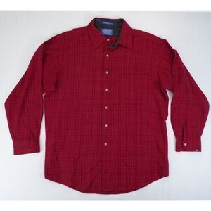 Pendleton Mens Red Blue Check Plaid Virgin‎ Wool Button Down Shirt Sz L Vintage